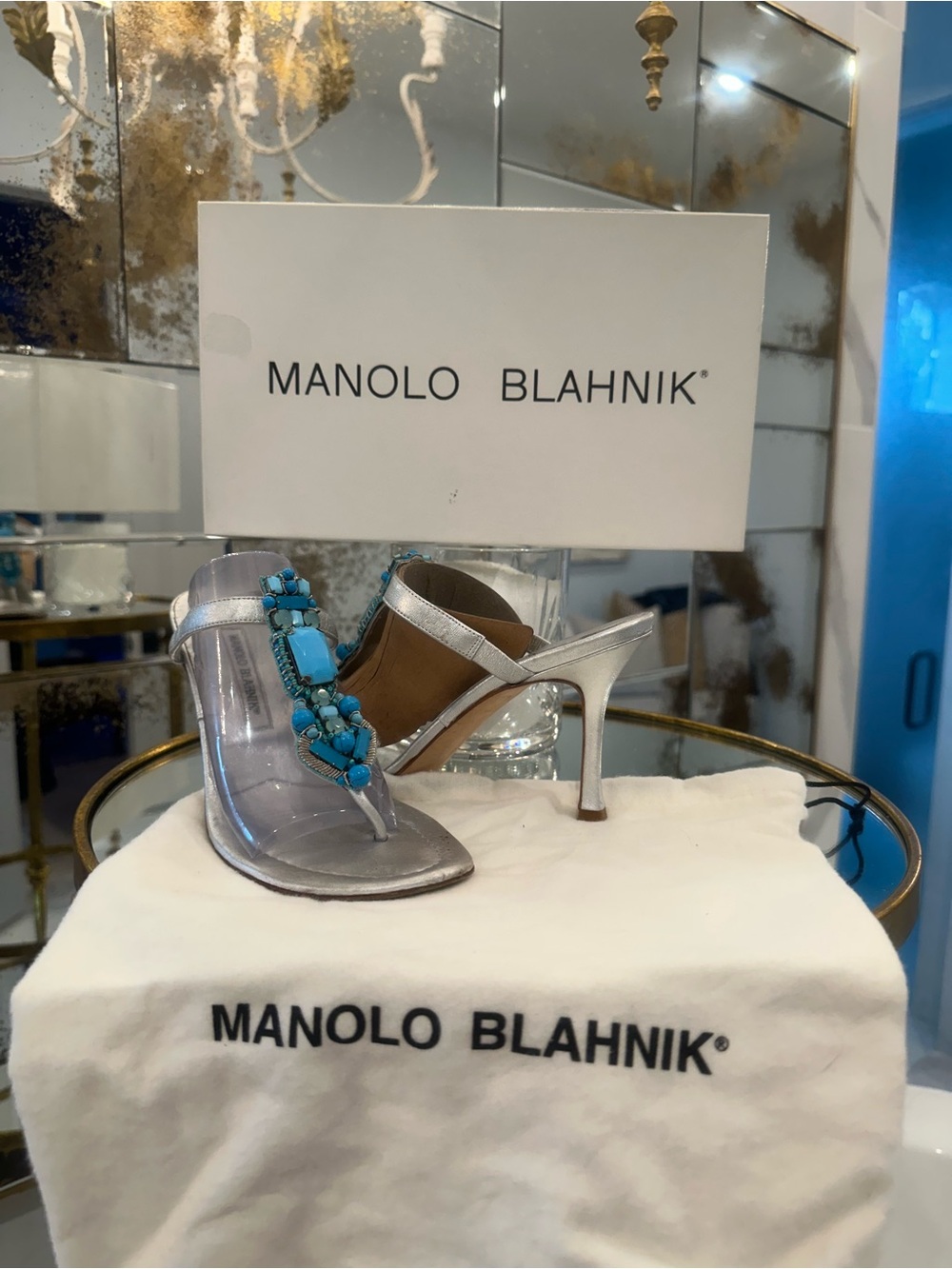Manolo Blahnik Silver Leather Heeled Thong Sandals with Turquoise Stones